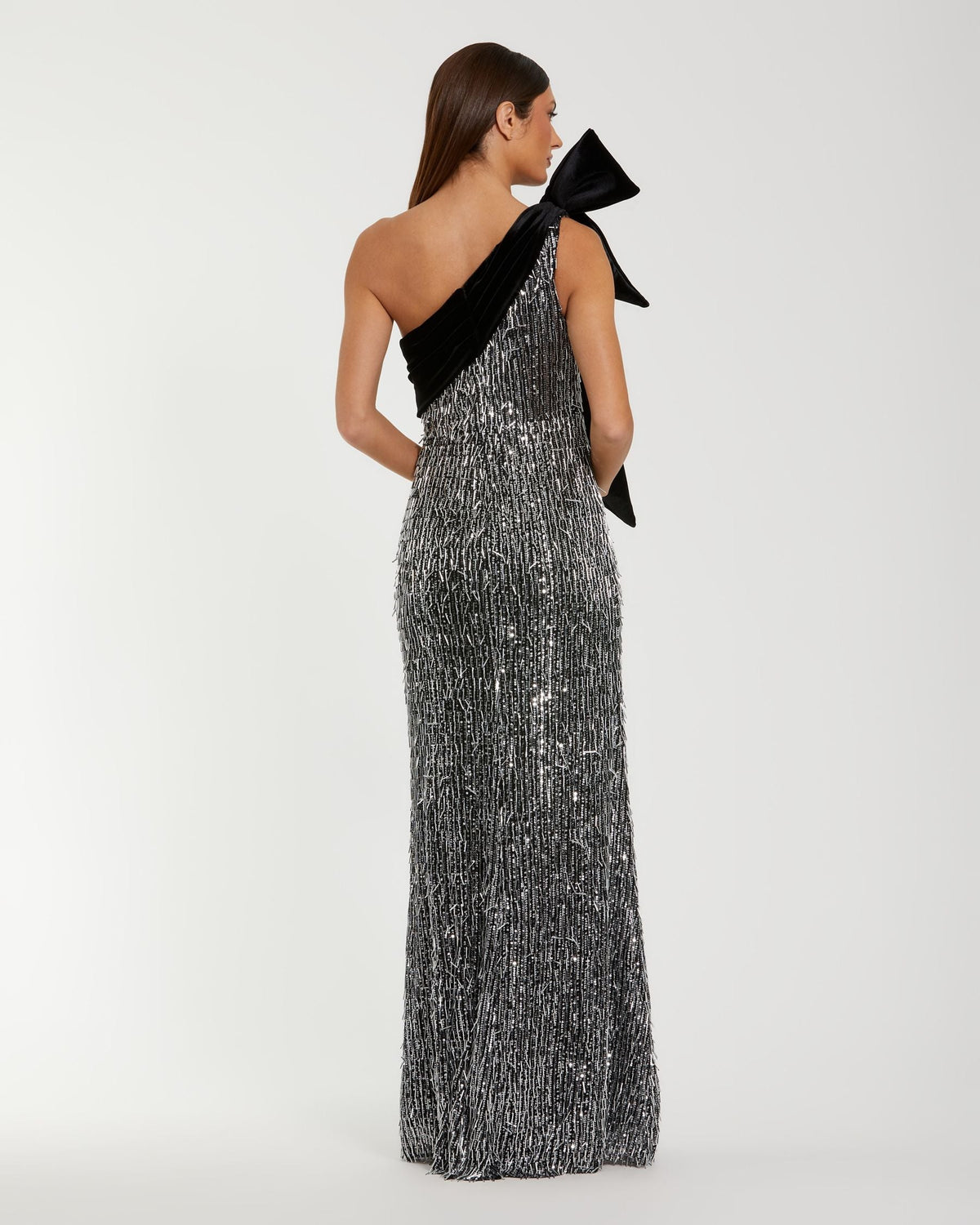 Black and Silver One Shoulder Embellished Gown With Velvet Bow