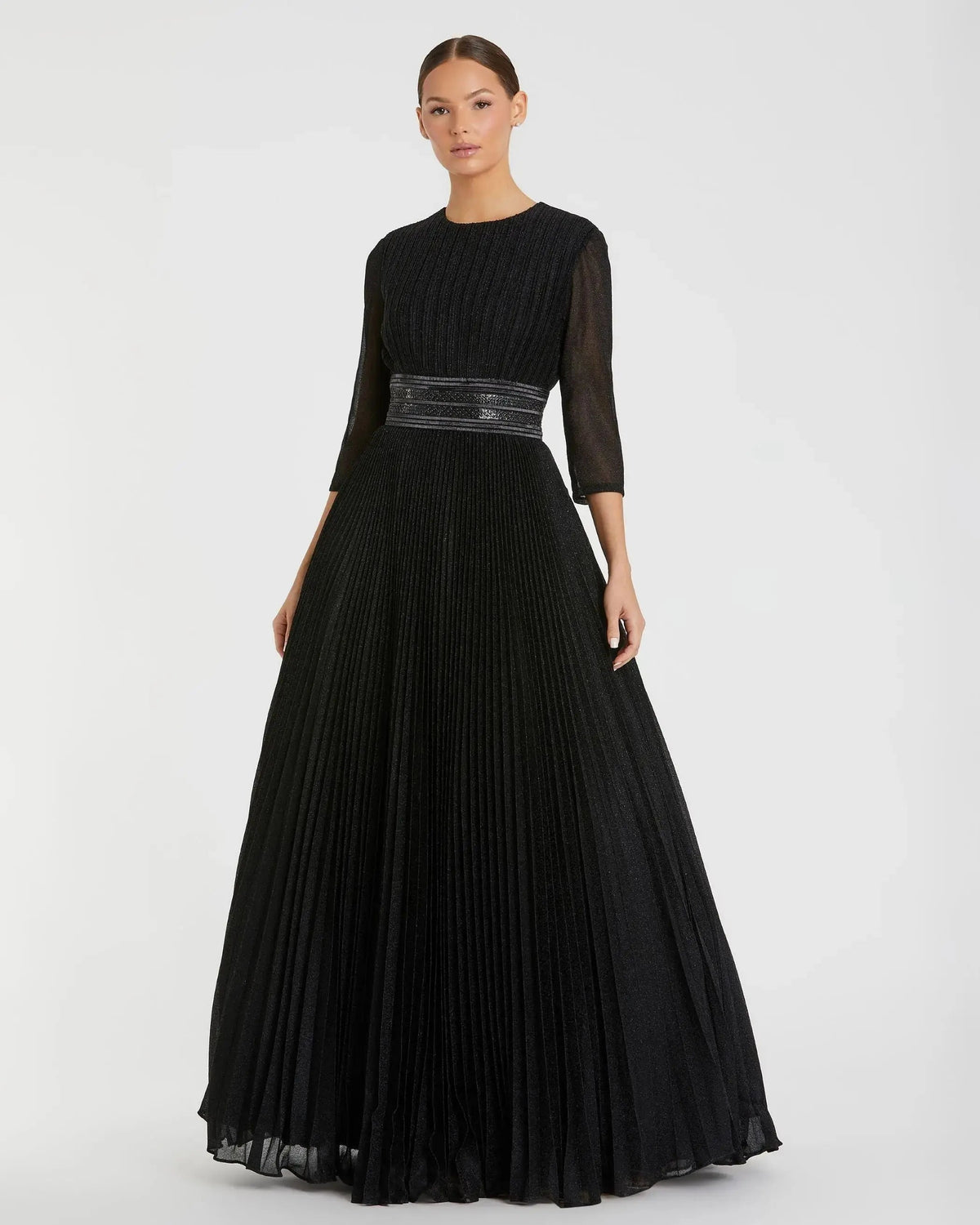 Black Shimmering Pleated  3/4 Sleeve Ball Gown