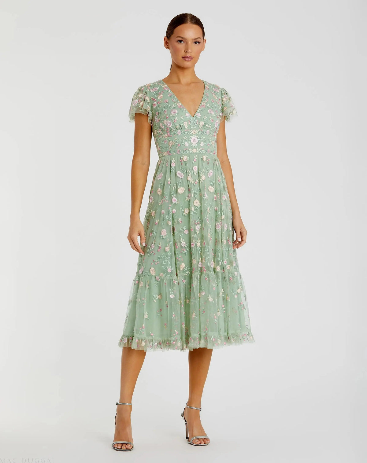 Green Multicolor Embroidered V Neck Cap Sleeve Midi Dress