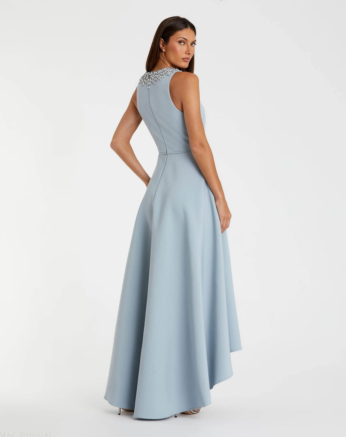 Blue Crepe Embellished Neck High Low Gown