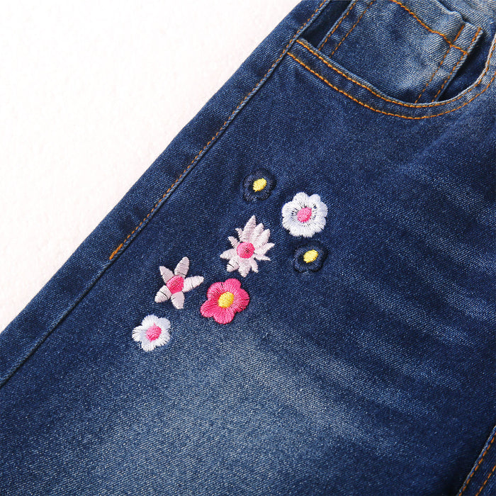 5-15T Girls Embroiderd Flower Decor Slim Jeans Pants