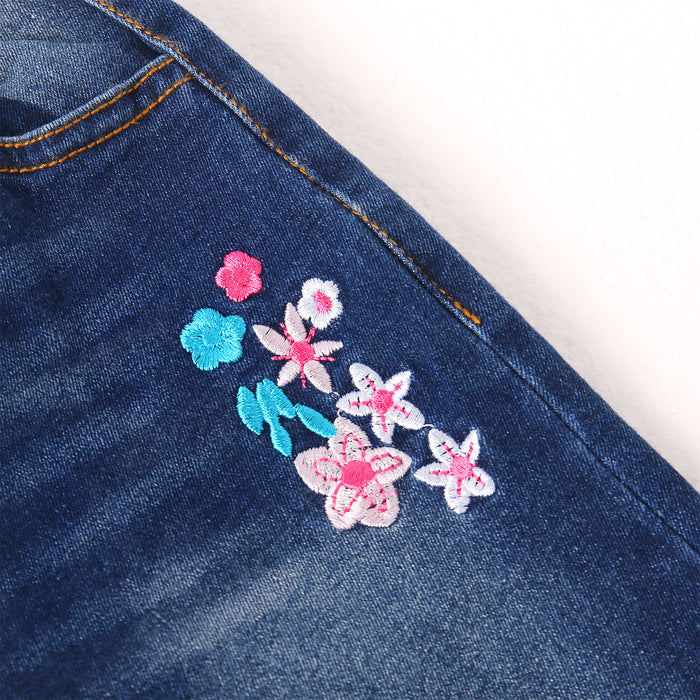 5-15T Girls Embroiderd Flower Decor Slim Jeans Pants