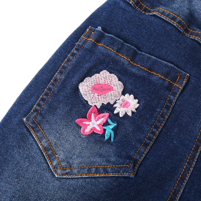 5-15T Girls Embroiderd Flower Decor Slim Jeans Pants