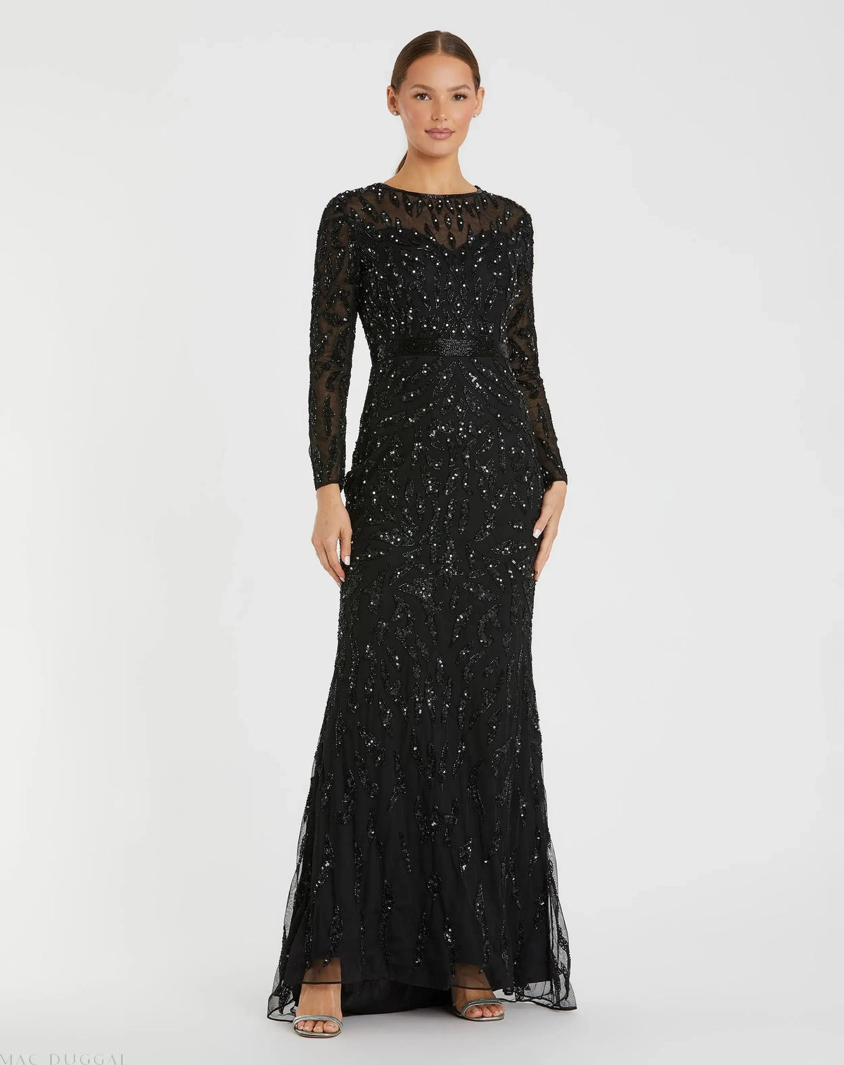 Black Long Sleeve Beaded Evening Gown