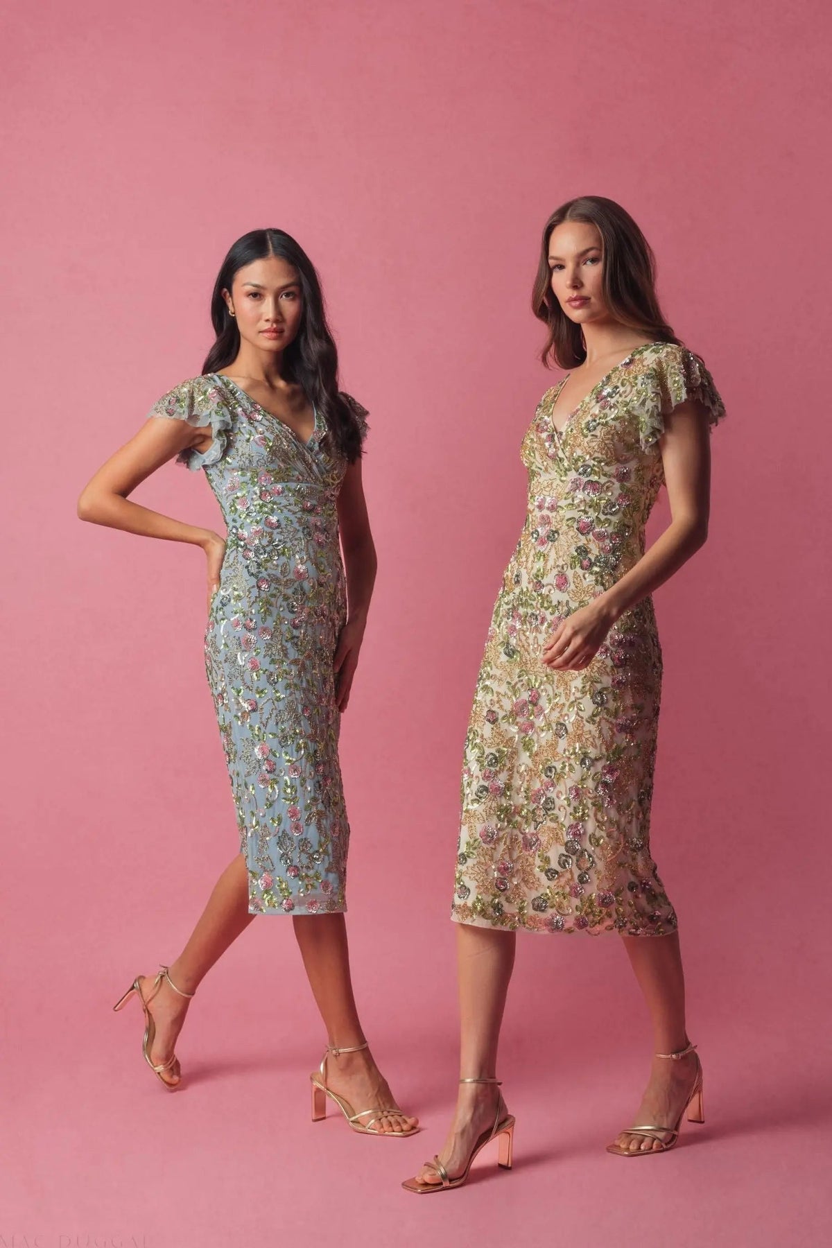 Blue Floral Sequin Embellished Flutter Cap Sleeve Dress