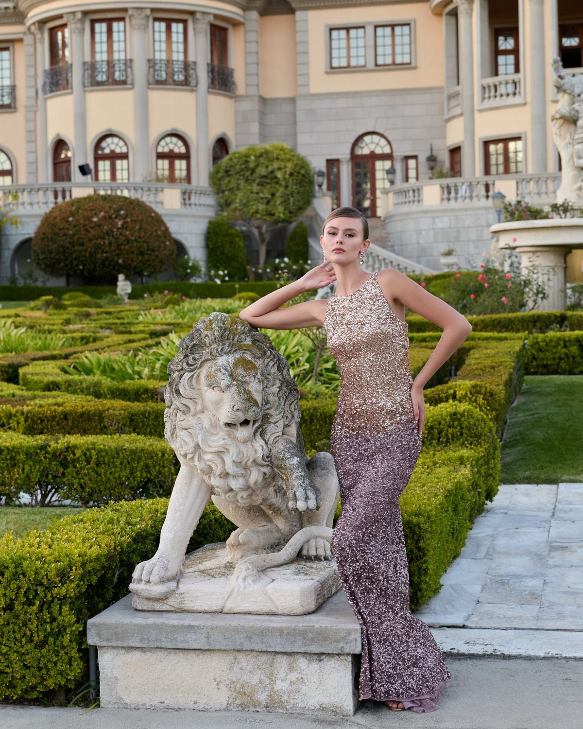 Gold Brown Ombre Sequin Cowl Back Gown