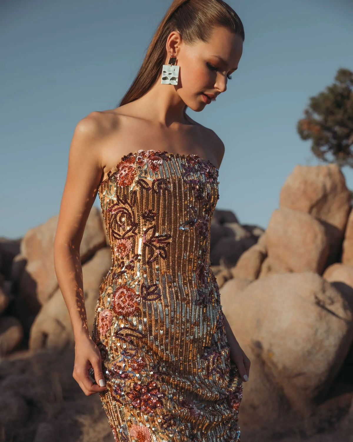 Gold Floral Embellished Strapless Column Dress