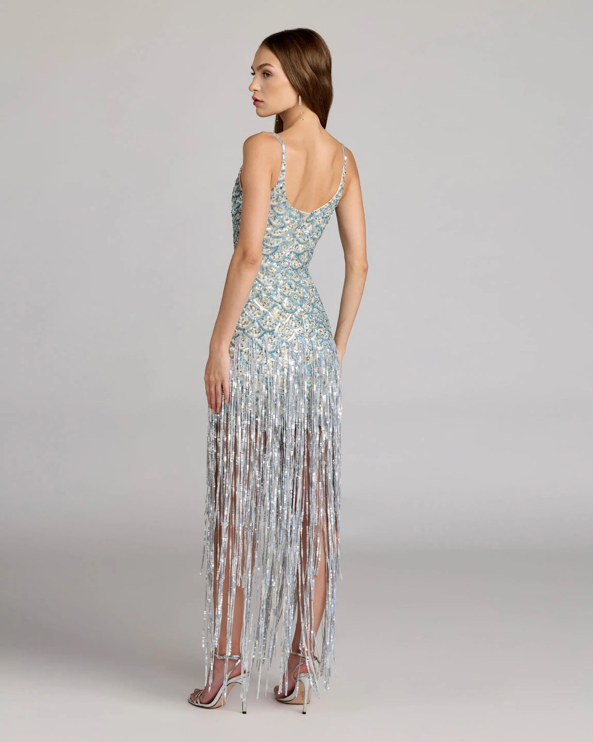 Blue Silver Sequin Fringe Midi Dress