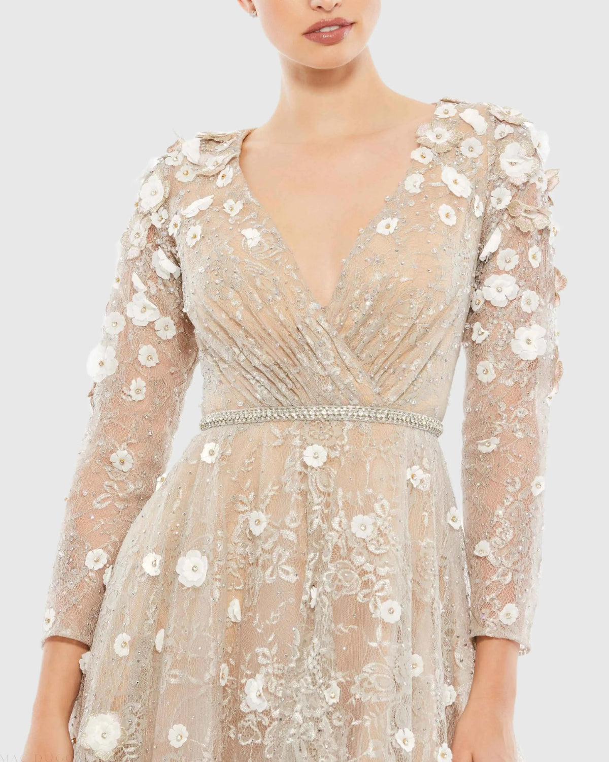 Beige Floral Embellished Lace A-Line Cocktail Dress