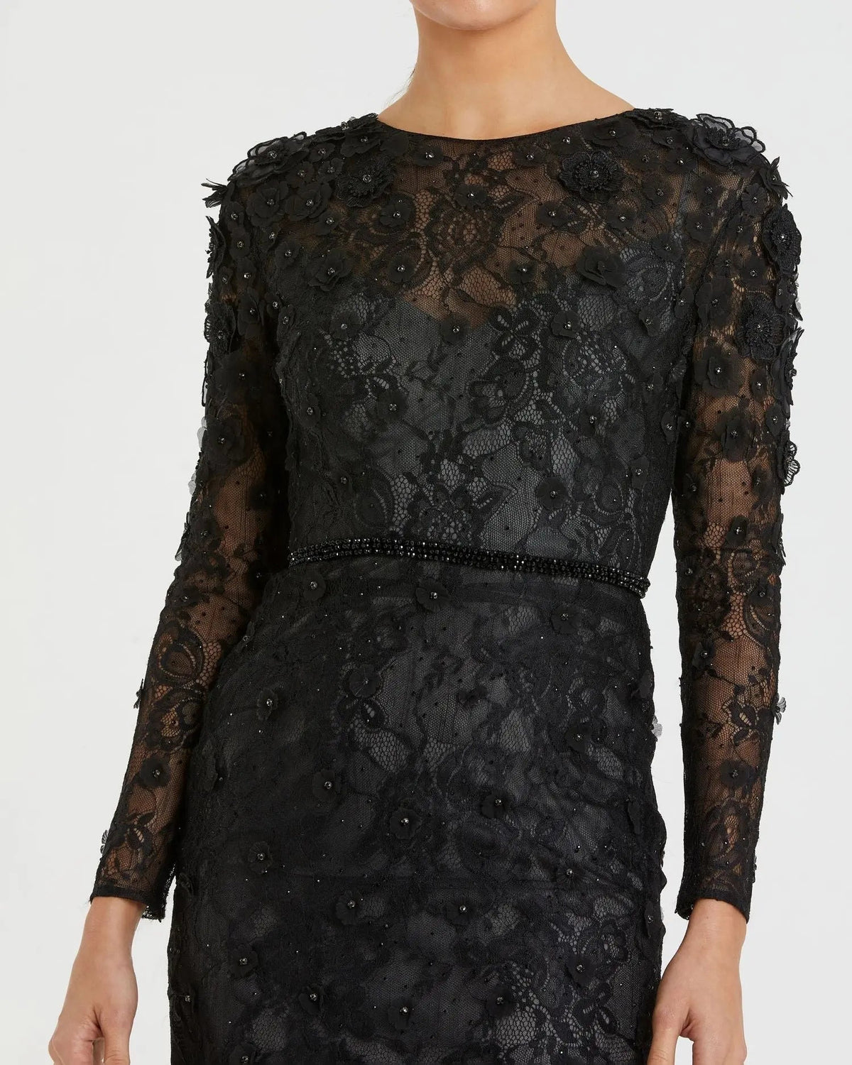 Black Floral Appliqué Long Sleeve Cocktail Dress