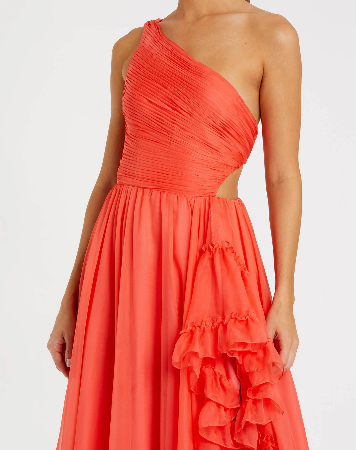 Orange One Shoulder High Low Ruffled Chiffon Gown