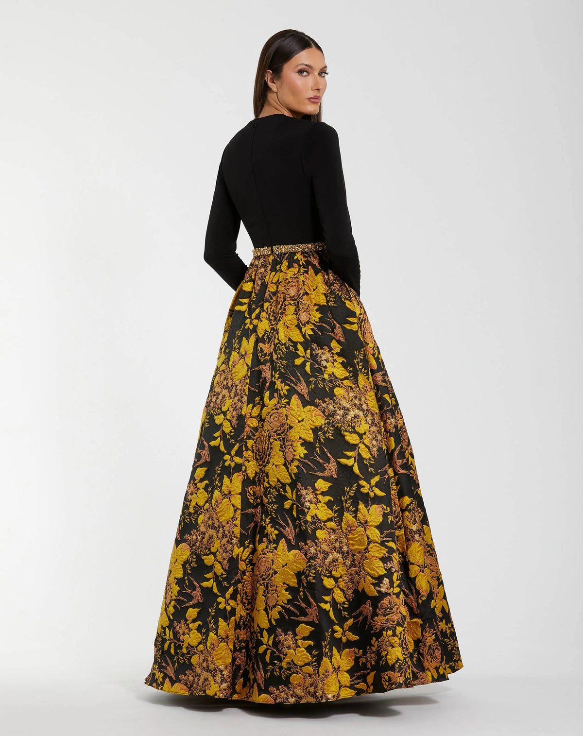 Black Long Sleeve Floral Brocade Ball Gown
