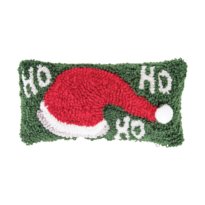 A 6in. x 12in. Ho Ho Ho Hat Hooked Mini Pillow.
