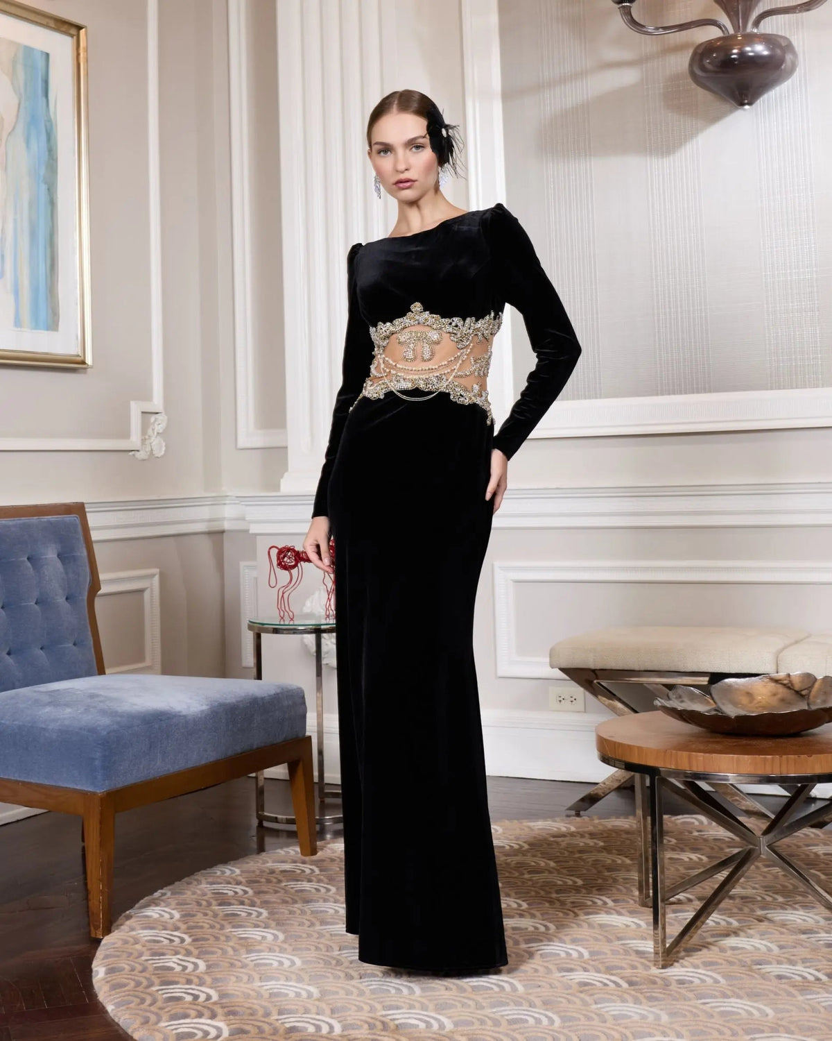 Black Long Sleeve Sheer Embellished Velvet Gown