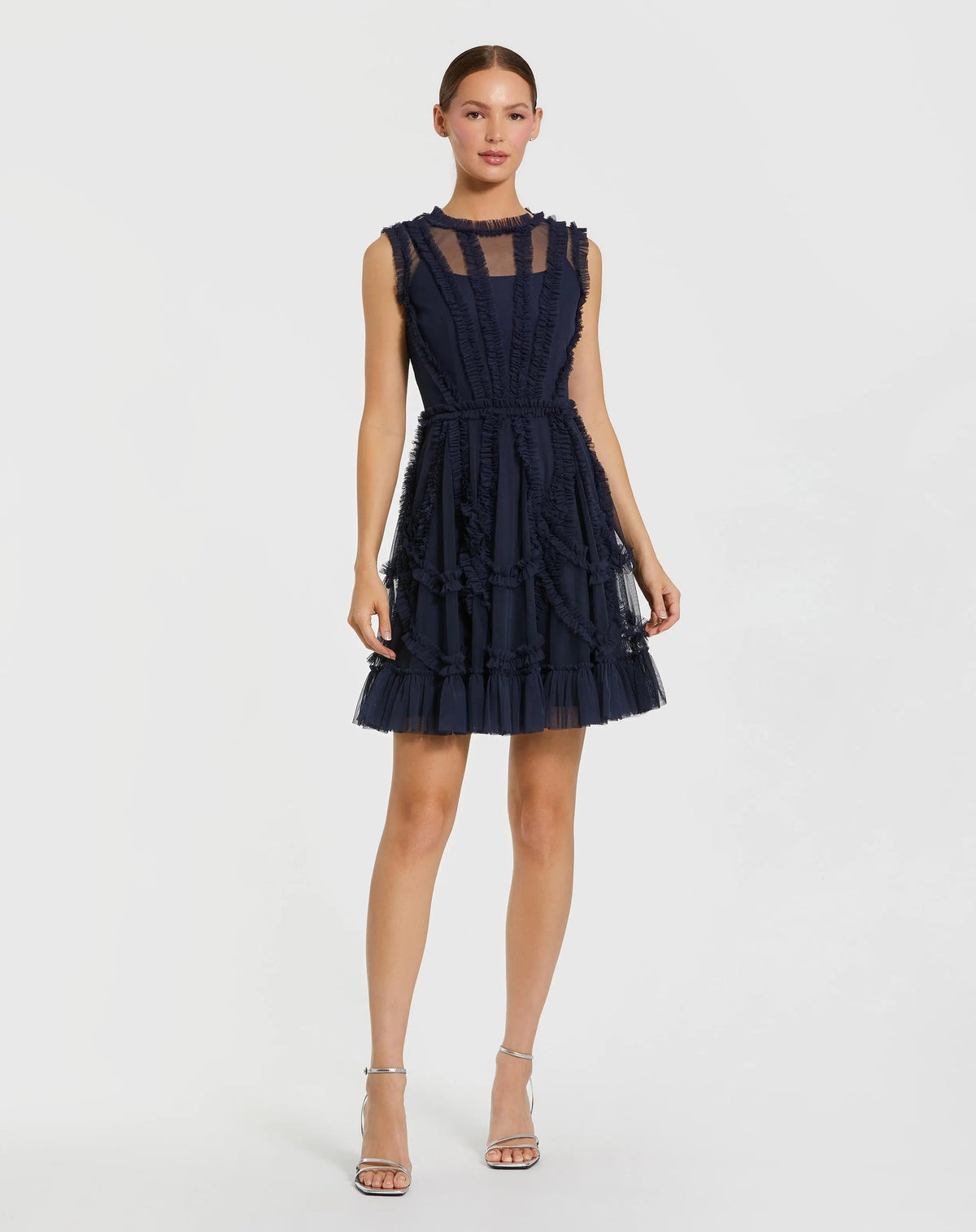 Navy High Neck Sleeveless Micro Ruffle Mini Dress