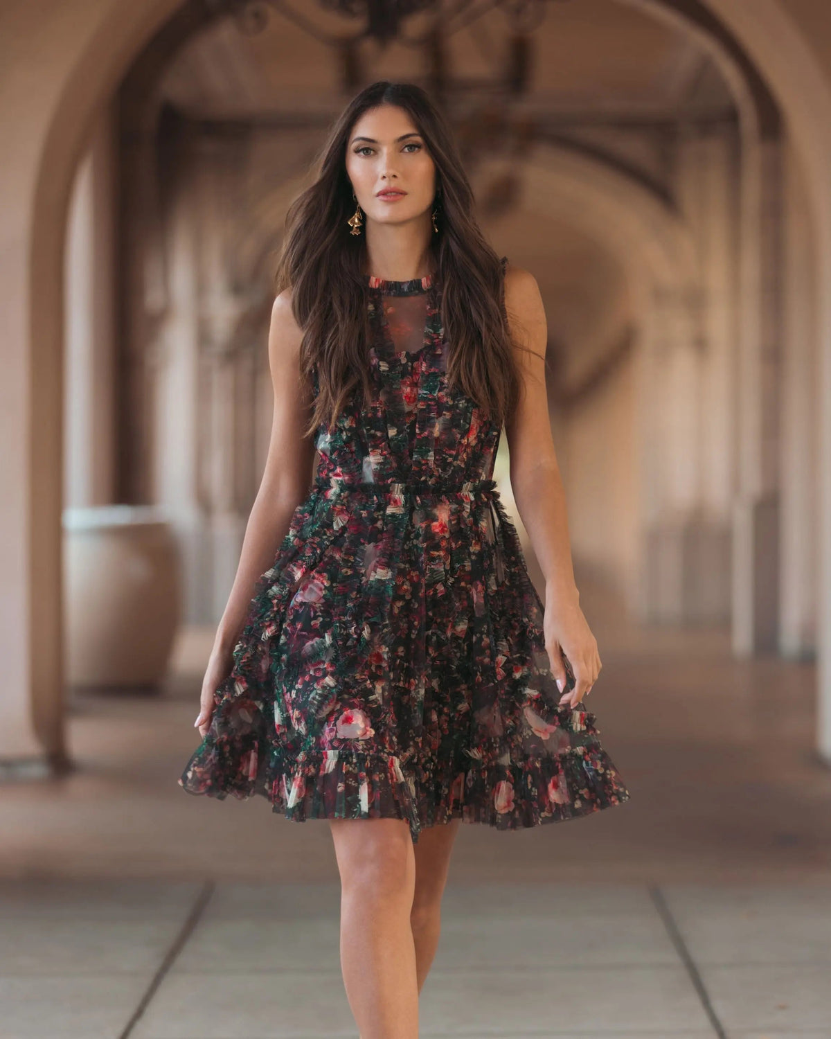 Black Multicolor Micro Ruffle Floral A-Line Mini Dress