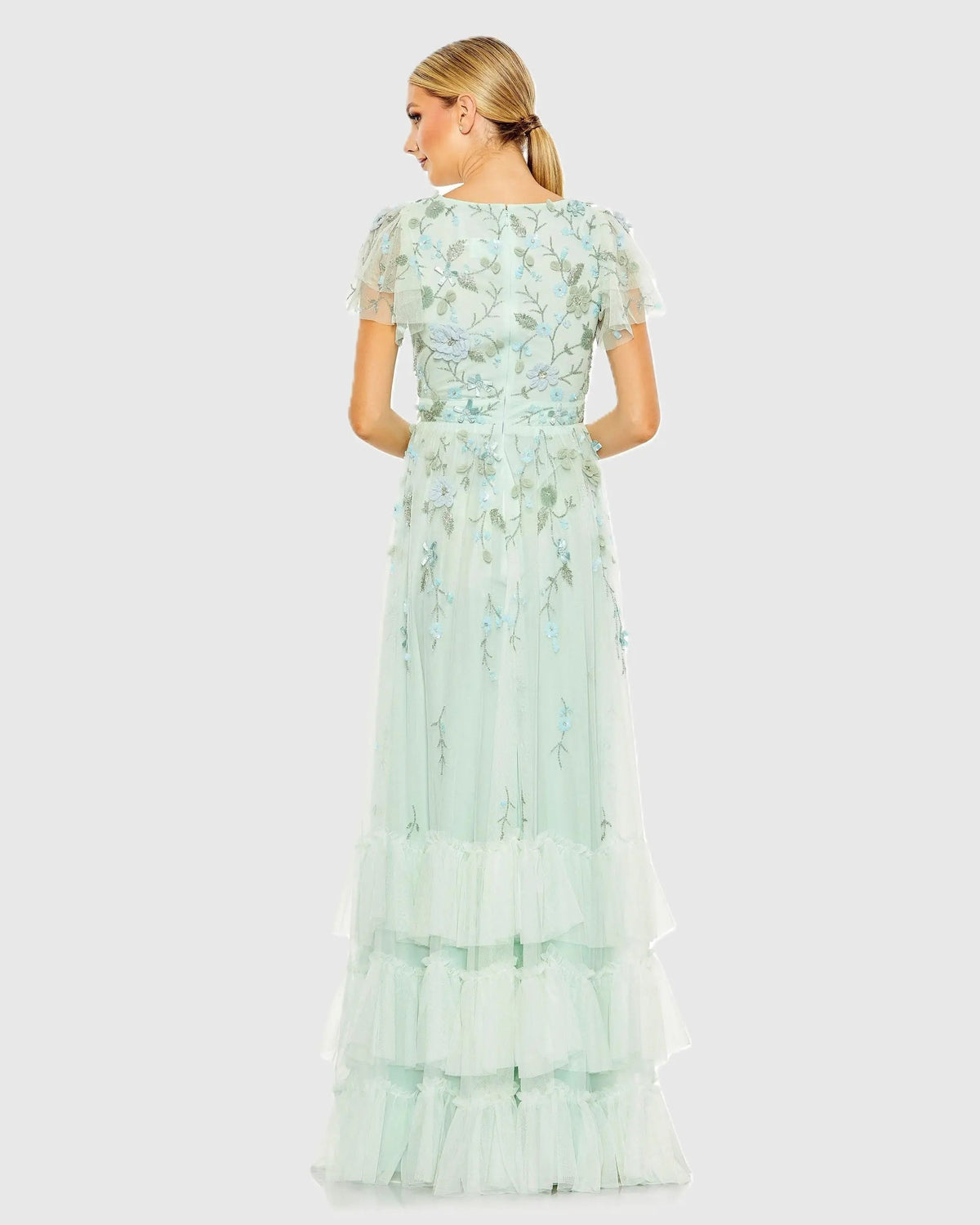 Green Ruffle Tiered Embellished Faux Wrap Flutter Sleeve Gown