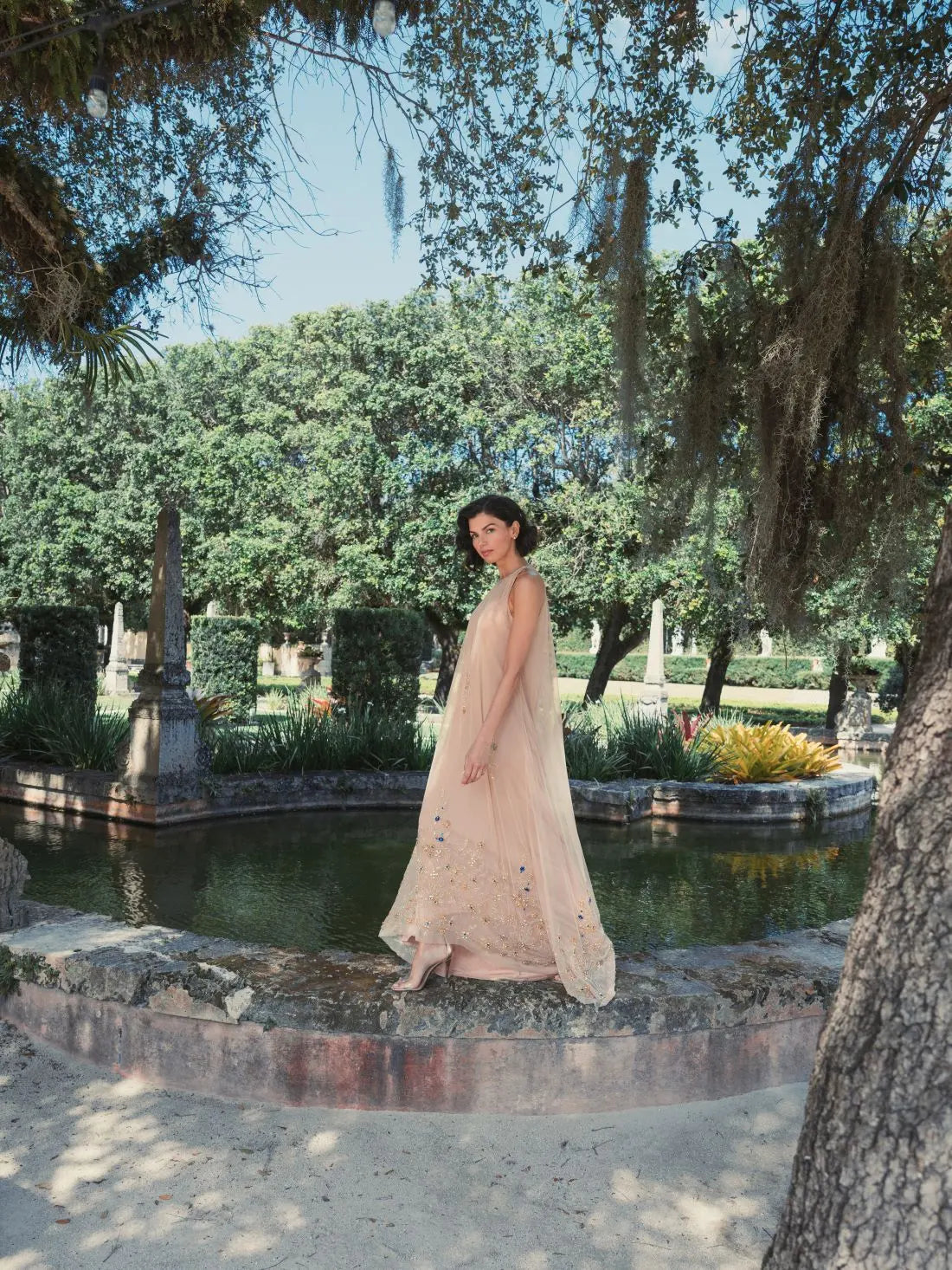 Beige High Neck Floral Embellished Trapeze Gown