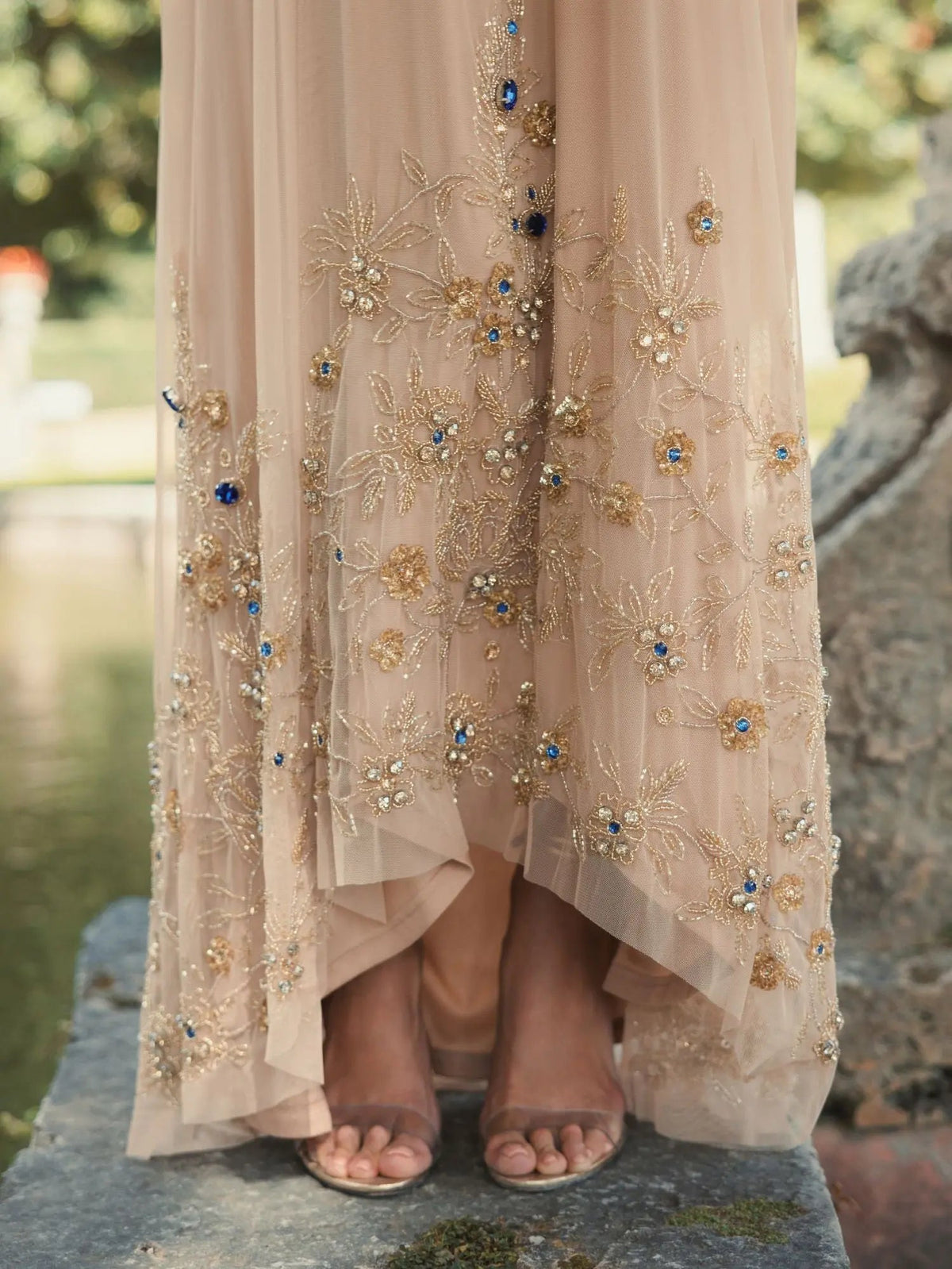 Beige High Neck Floral Embellished Trapeze Gown