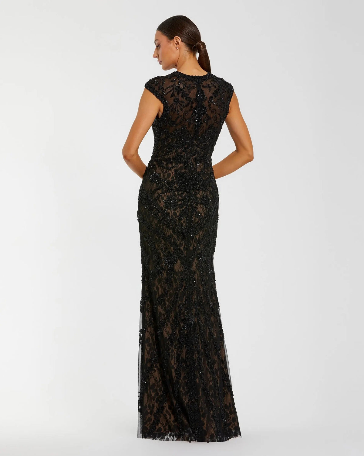 Embellished Lace Cap Sleeve Evening Gown