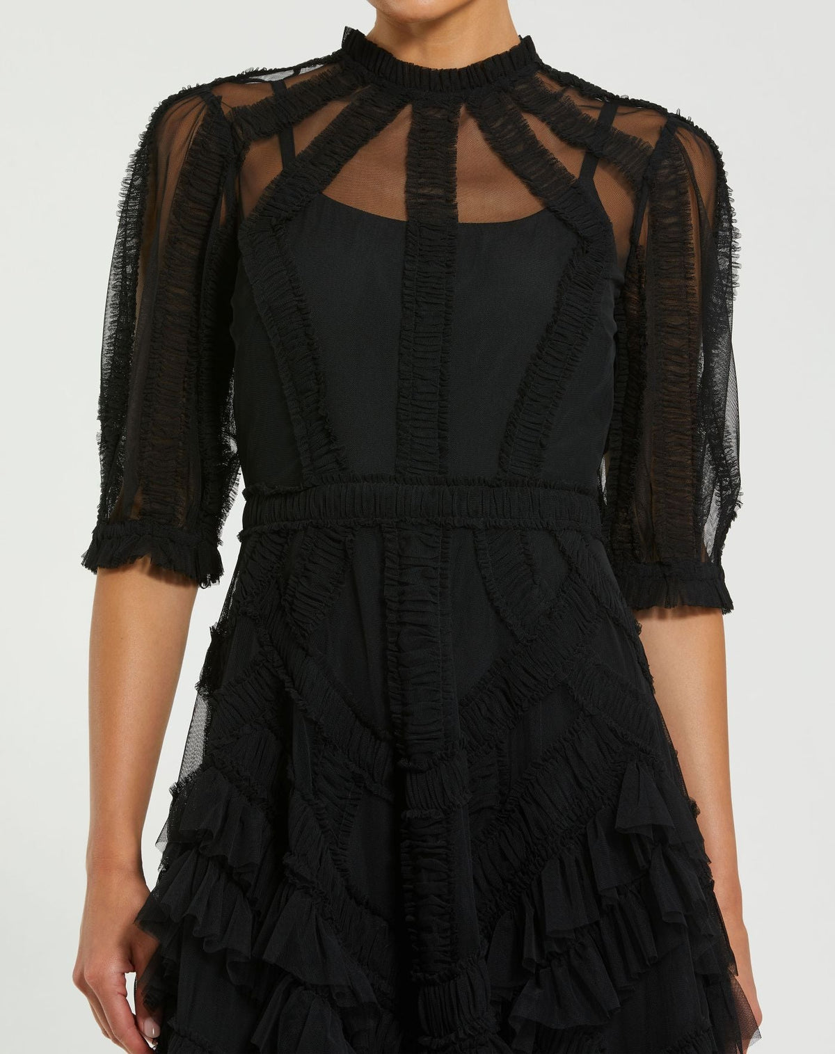 Petite Black High Neck Ruffle Tiered A-Line Midi Dress