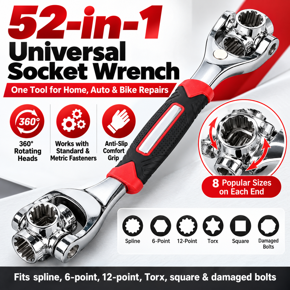 52-in-1 Universal Socket Wrench with 360° Rotating Heads – Multi-Size SAE & Metric Ratchet Tool for Auto, Home & DIY Repairs