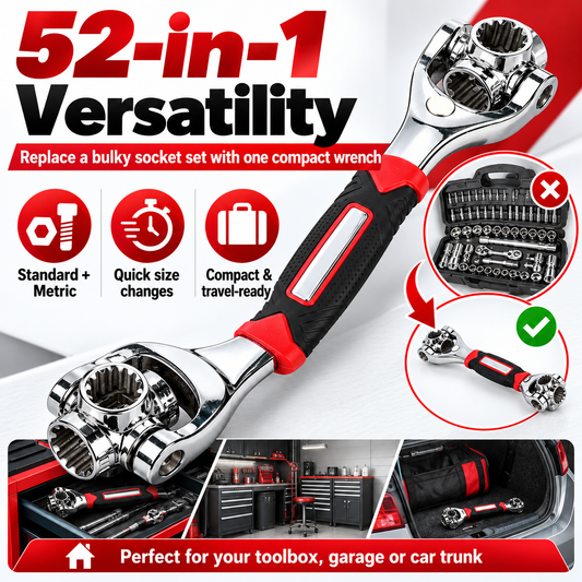 52-in-1 Universal Socket Wrench with 360° Rotating Heads – Multi-Size SAE & Metric Ratchet Tool for Auto, Home & DIY Repairs