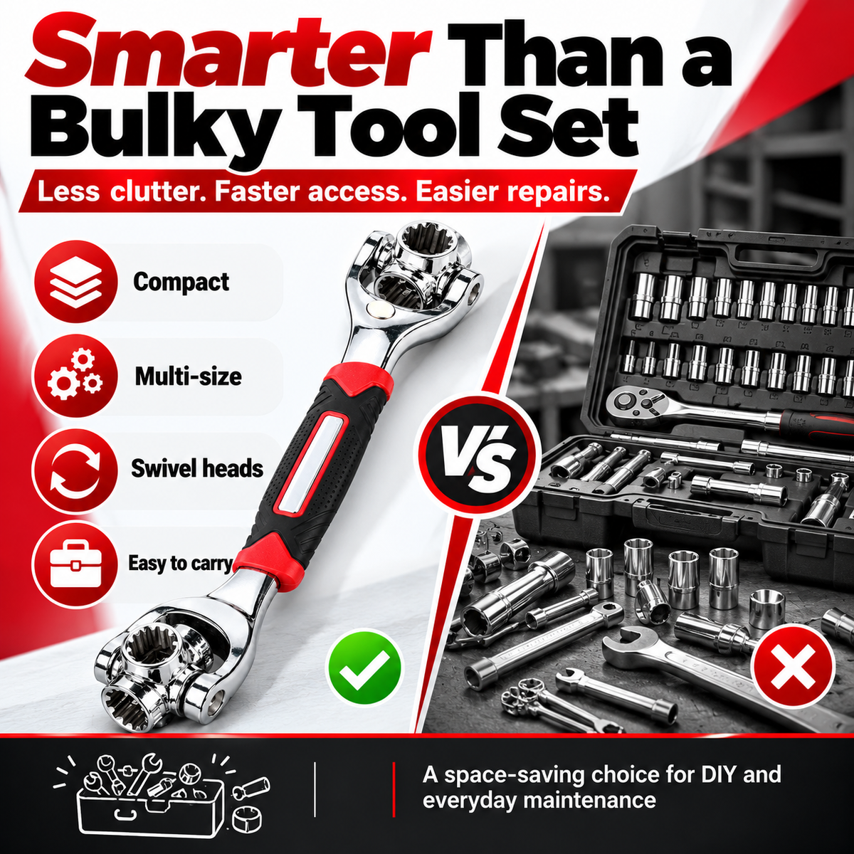 52-in-1 Universal Socket Wrench with 360° Rotating Heads – Multi-Size SAE & Metric Ratchet Tool for Auto, Home & DIY Repairs
