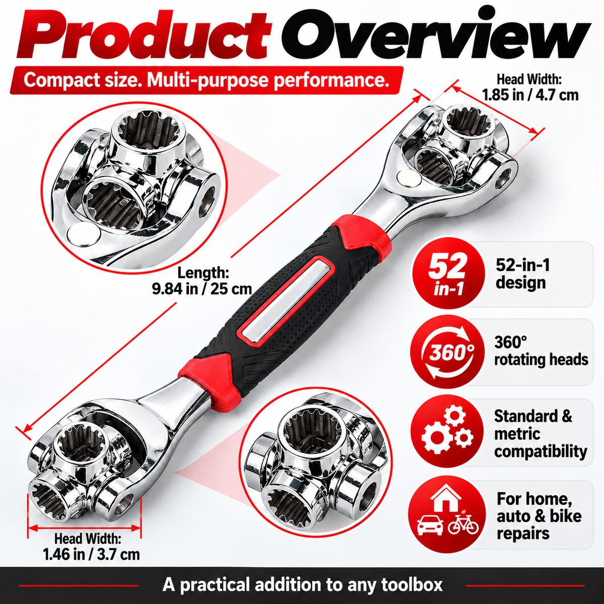 52-in-1 Universal Socket Wrench with 360° Rotating Heads – Multi-Size SAE & Metric Ratchet Tool for Auto, Home & DIY Repairs
