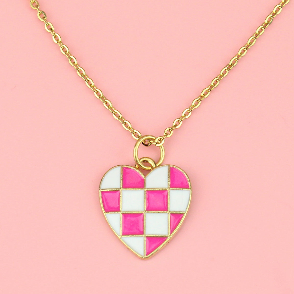 Pink and White Heart Checkerboard Necklace