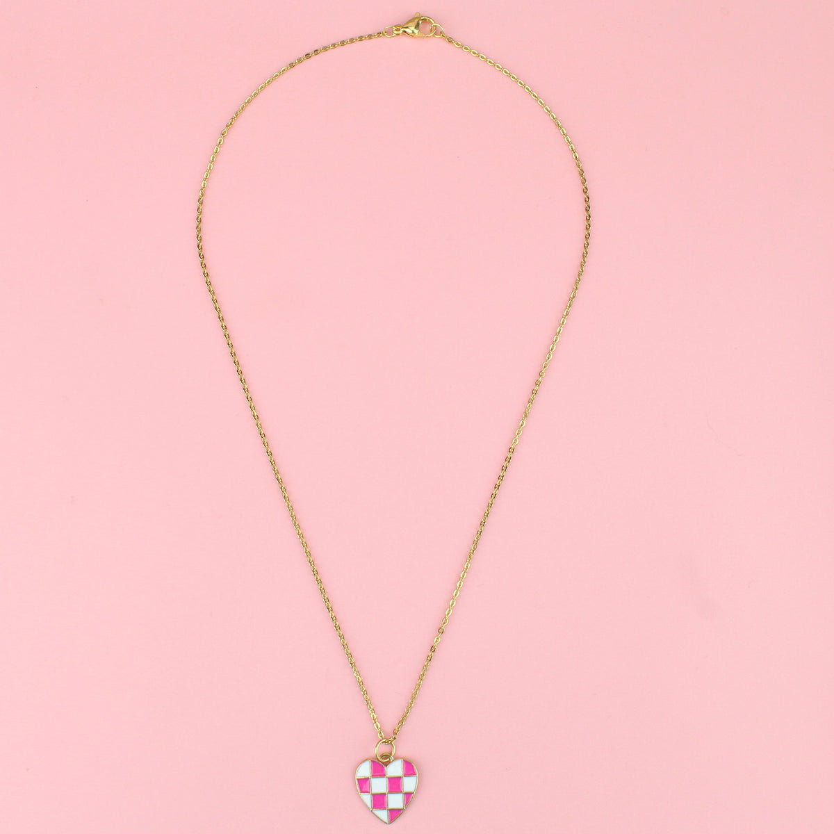 Pink and White Heart Checkerboard Necklace