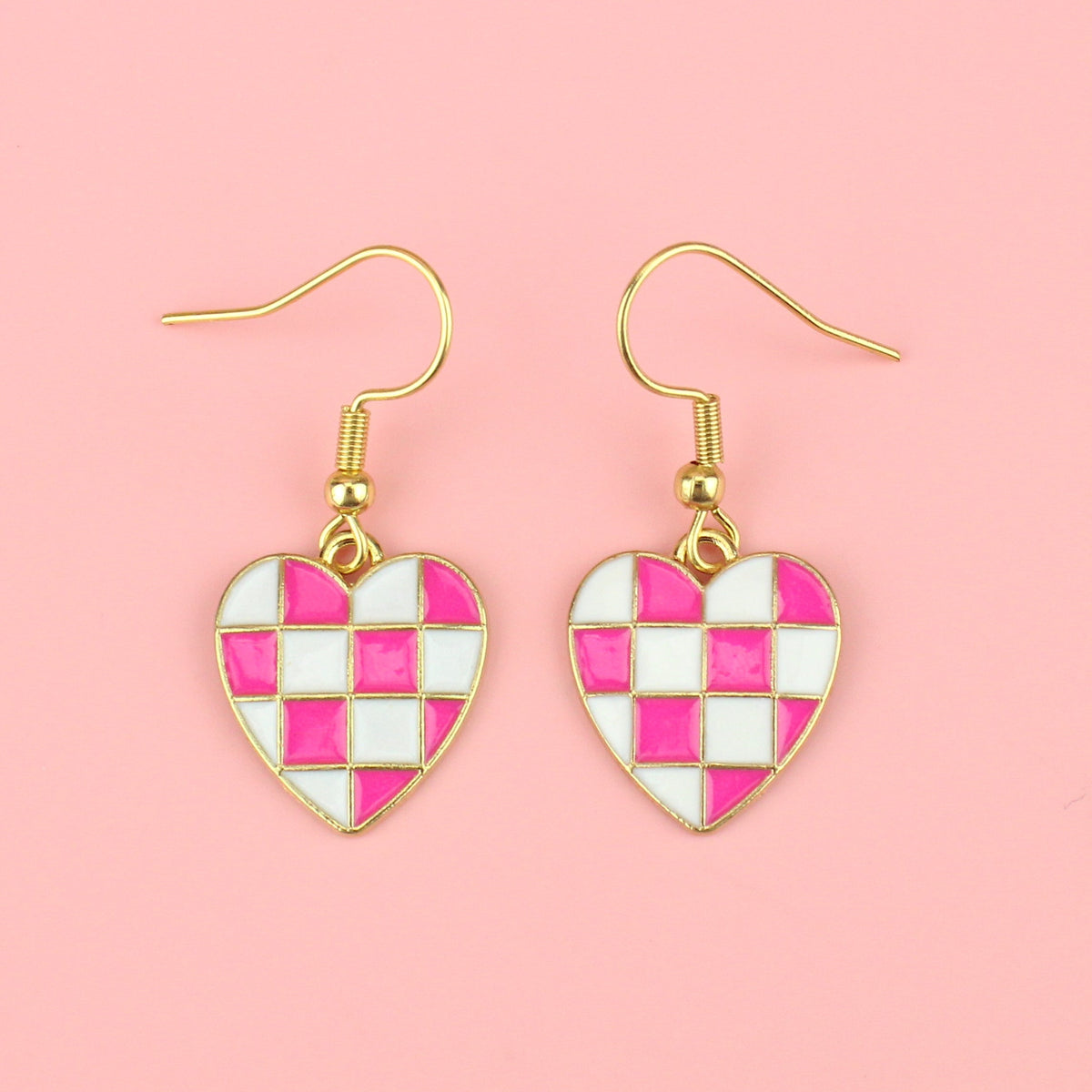 Pink and White Heart Checkerboard Earrings