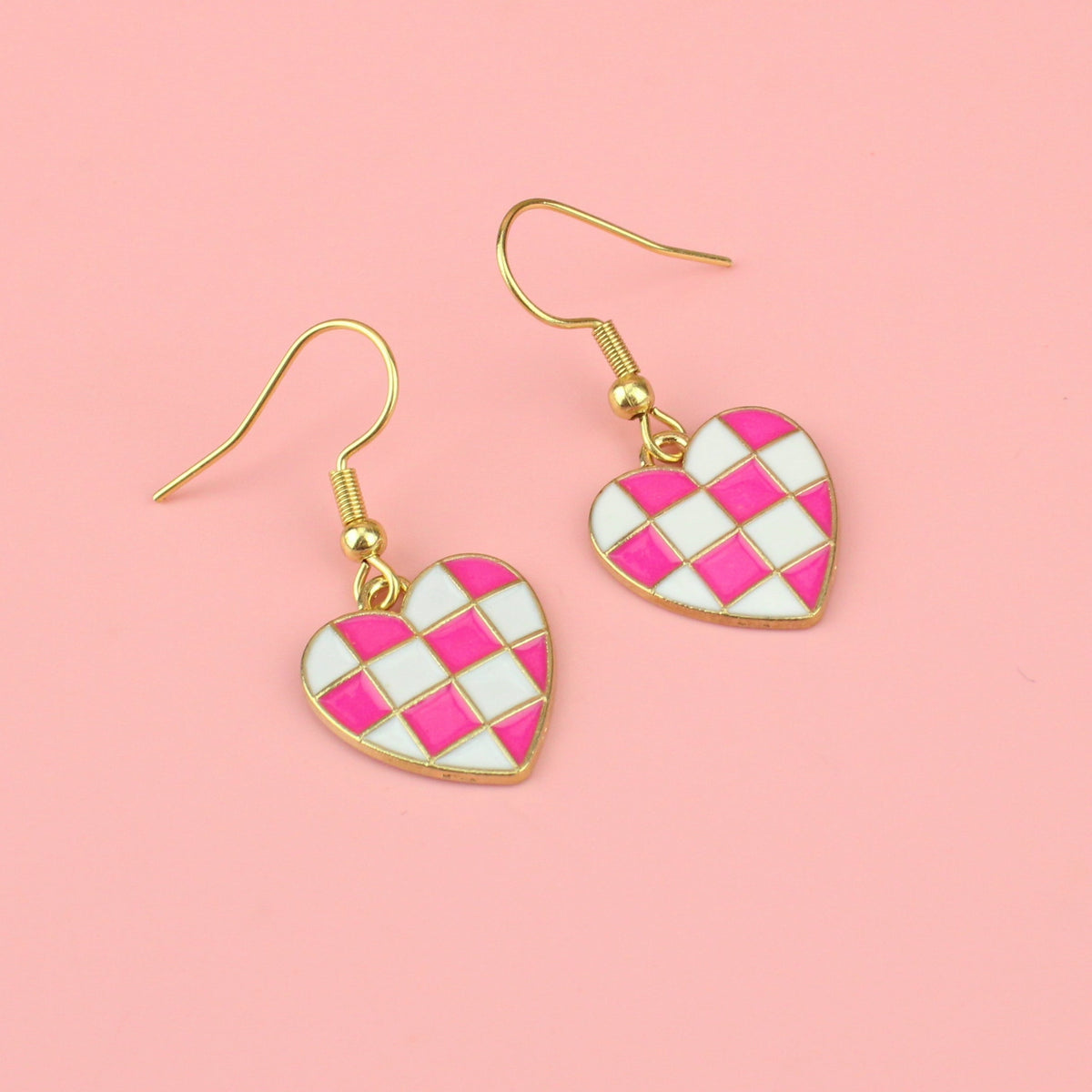 Pink and White Heart Checkerboard Earrings