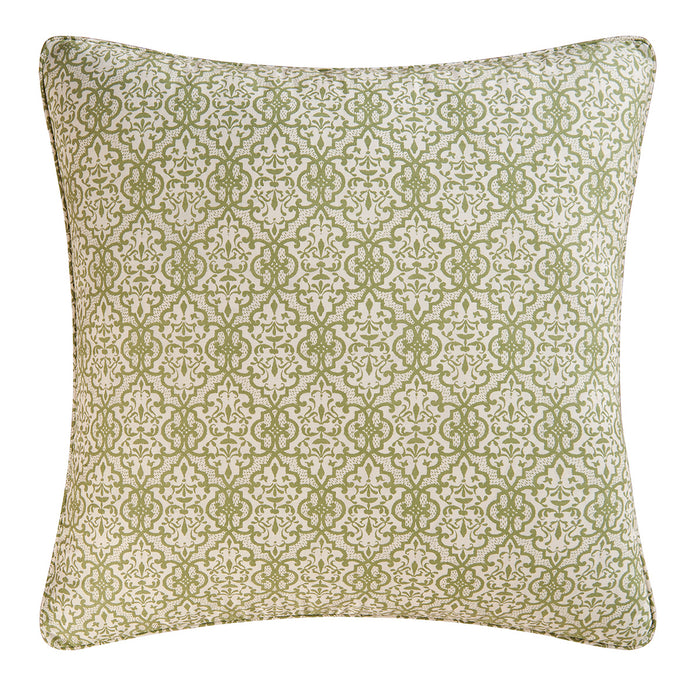 A Euro Sham with all-over damask pattern in green on a cream background, featuring a piped edge.