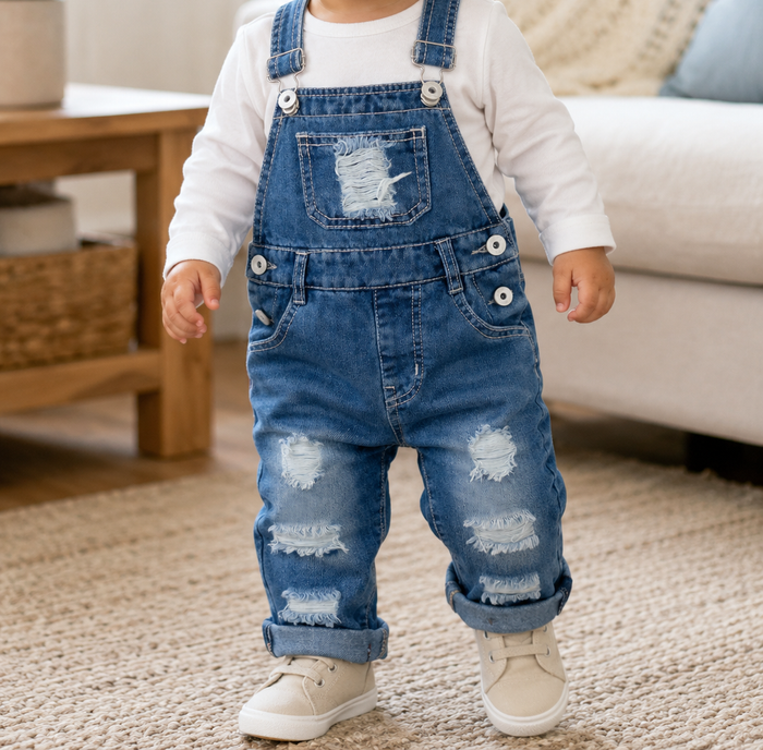 A toddler standing indoors wearing blue distressed denim overalls over a white long-sleeve shirt, with rolled cuffs and light beige sneakers. The background shows a softly blurred living room with a sofa and wooden table.