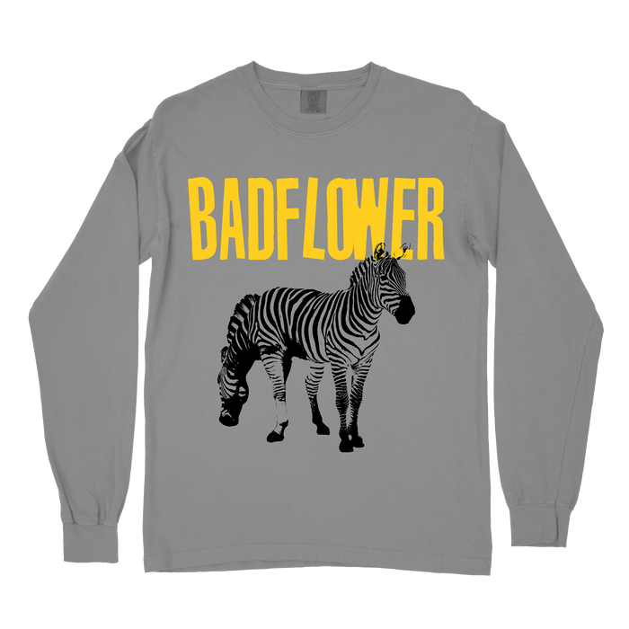 gray crewneck with black two headed zebra and Badflower written in yellow