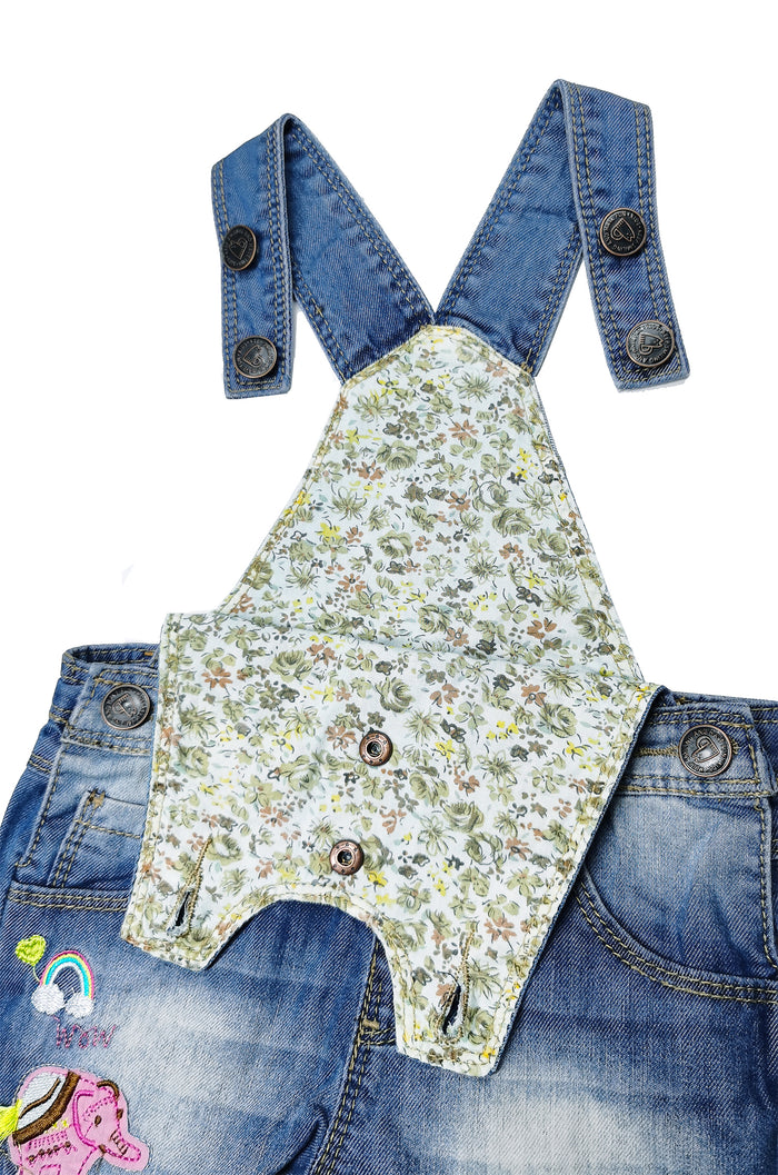 Cartoon Elephant Rainbow Embroidery Tassel Details Kids' Denim Shortalls Overalls