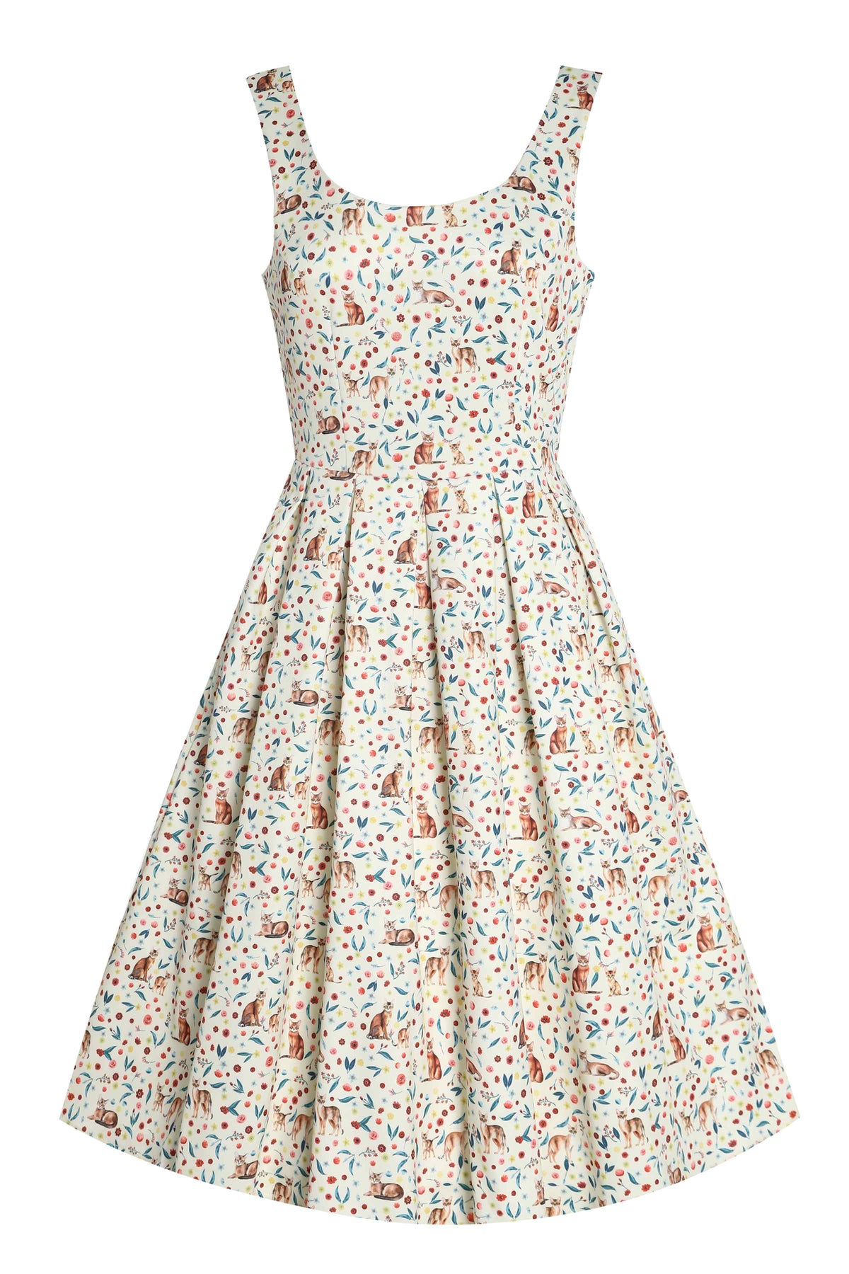 Amanda Ivory Cream Flared Dress in Cat Floral Print