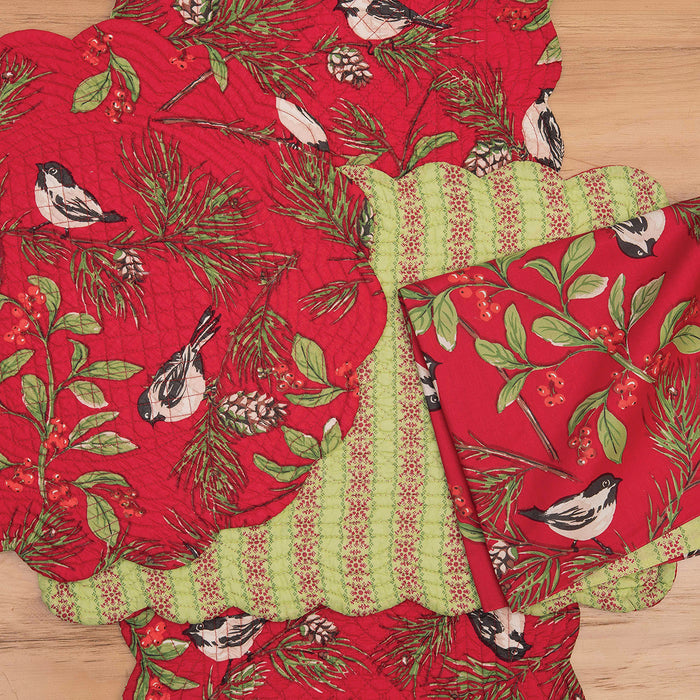Chickadee Red Table Linens table linens displayed as a coordinated tabletop setting.