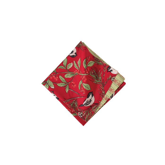 Chickadee Red Table Linens table linens displayed as a coordinated tabletop setting.