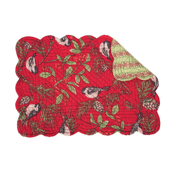 Chickadee Red Table Linens table linens displayed as a coordinated tabletop setting.
