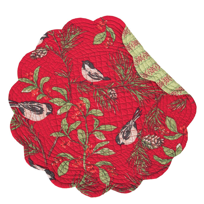 Chickadee Red Table Linens table linens displayed as a coordinated tabletop setting.