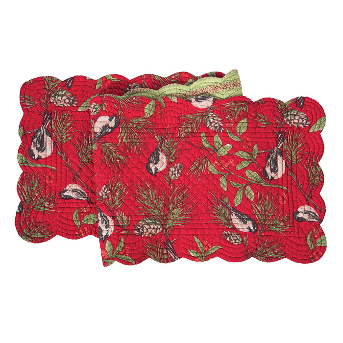 Chickadee Red Table Linens table linens displayed as a coordinated tabletop setting.