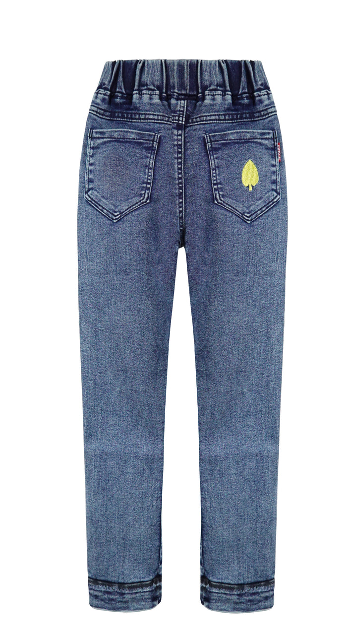 Elastic poker and embroidery tatted denim trousers