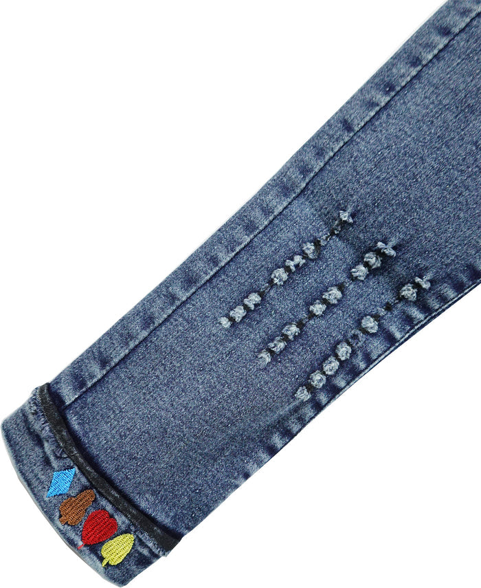 Elastic poker and embroidery tatted denim trousers