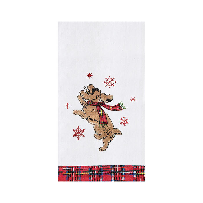 A Festive Dog Jumping Embellished Flour Sack Kitchen Towel.