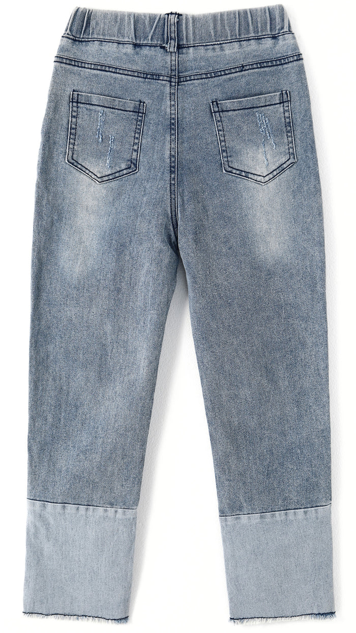 Girl Jeans,Elastic Elastic Waist Patchwok Raw Edge Denim Pants