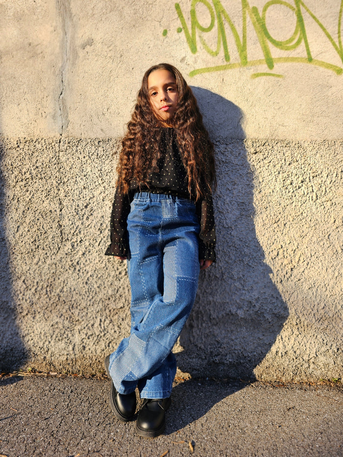 Girl Jeans,Elastic Loose Fit Patchwok Printed Denim Pants