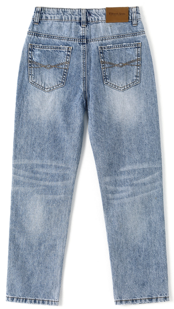 Girl Little Kid Ripped Elastic Band Inside Straight Fit Denim Jeans