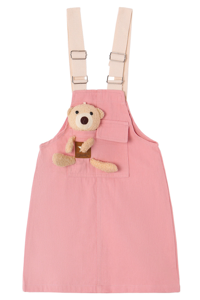 Girls Denim Overalls Dress, Cute Bear Simple Design Summer Colored Jumpsuit Dress